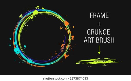 Set of design elements, circular frame, grunge art brush. Circle with copy spase, paint brush strokes, spattered paint of neon bright colors. Virtual abstract clip art