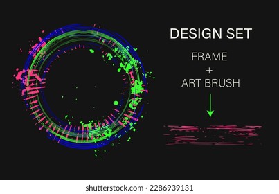 Set of design elements, circular frame, grunge art brush. Circle with copy spase, paint brush strokes, spattered paint of neon bright colors. Virtual abstract clip art