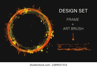 Set of design elements, circular frame, grunge art brush. Circle with copy spase, paint brush strokes, radial rays, spattered paint of neon bright colors. Virtual abstract clip art