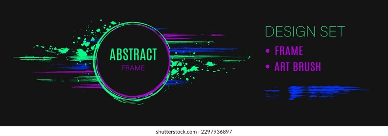 Set of design elements, circular frame, grunge art brushes Dark circle on background with horizontal paint brush strokes, dynamic glowing lines, spattered paint of neon bright colors Abstract clip art