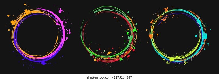 Set of design elements, circular frames. Circle with copy spase, paint brush strokes, spattered paint of neon bright colors. Virtual surreal templates for logo, advertisment.