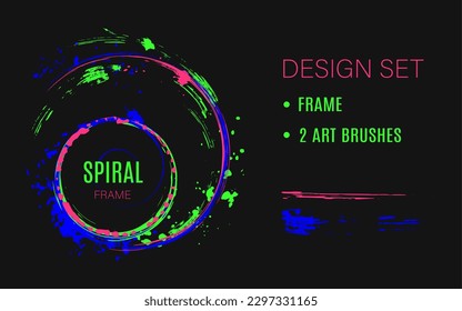 Set of design elements, circular spiral frame, grunge art brushes Dark circle on background with paint brush strokes, dynamic glowing lines, spattered paint of neon bright colors Abstract clip art