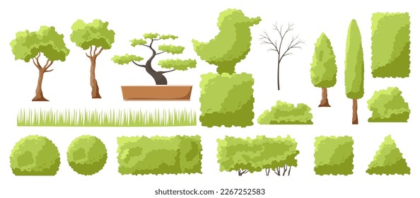 Set of design elements for City Park isolated on white background. Collection with decorative icons of trees, different forms bushes for Public Park or cityscape and urban garden. Vector illustration