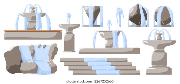 Set of design elements for City Park isolated on white background. Collection with decorative icons different forms of stone fountains in Public Park or cityscape and urban square. Vector illustration