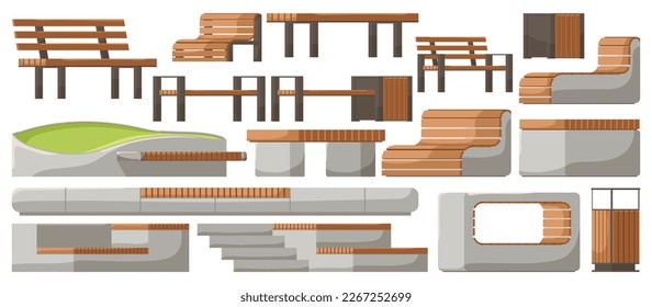 Conjunto de elementos de diseño para el City Park aislado en un fondo blanco. Colección con íconos decorativos diferentes formas de bancos de madera para Parque Público o paisaje urbano y jardín urbano. Ilustración del vector