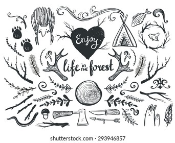 Set of design elements and clip art themed around animals ,camping and life in the forest. 