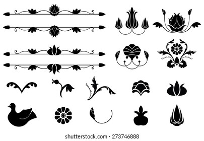 set of design elements. collection of black silhouettes on a white background. part of the medieval pattern