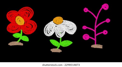 Set of Design Elements Cute Flowers of Different Colors Isolated on Chalkboard Backdrop. Realistic Chalk Drawn Sketch. Kit of Textural Crayon Drawings of Spring Botanical Symbols on Blackboard.