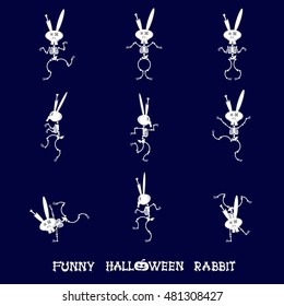 Set of design elements: cute rabbit skeleton in cartoon style - halloween dance or funny gymnastics isolated on colorful background. Vector illustration