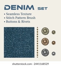 Set of design elements for denim style. Grunge blue jeans fabric seamless texture, stitch pattern brush, buttons, rivets. Vintage style.