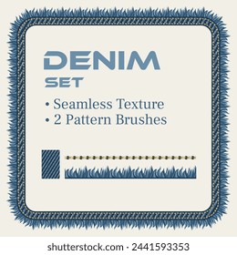 Set of design elements for denim style. Square frame, blue jeans fabric texture, denim fringe pattern brush, stitch pattern brush. Vintage style.