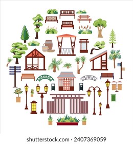 Set of design elements drawn in a flat style for the map and infrastructure of the city park in the Asian Japanese style with gazebos, lanterns, benches, trees, fountains.