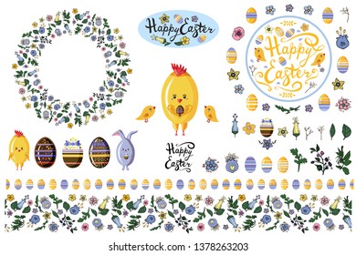 Set with  design elements for easter and spring flyers, announcements.  Vector  with floral circle in doodling style, lettering quots with chickens, rabbit,  endless borders  isolate on white