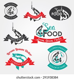 Set of design elements and emblems, logos, sea fish, salmon, canned, vintage, colored and black and white, for business cards, restaurants and bars