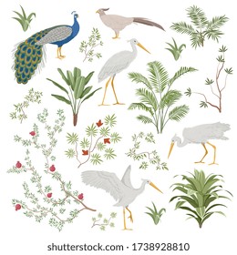 Set of design elements for exotic Chinoiserie with assorted tropical birds and greenery isolated on white, colored vector illustration