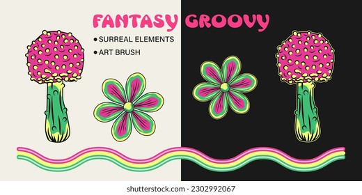 Set of design elements with fantasy mushroom, chamomile flower, psychedelic striped art brush. Clip art for groovy, hippie, mystical style