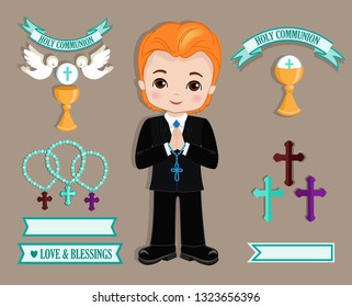 Set of design elements for First Communion for boys.