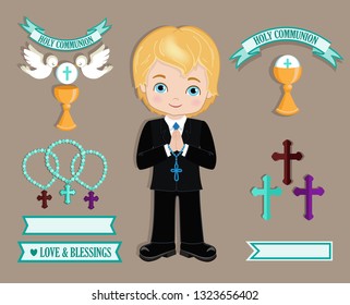 Set of design elements for First Communion for boys.