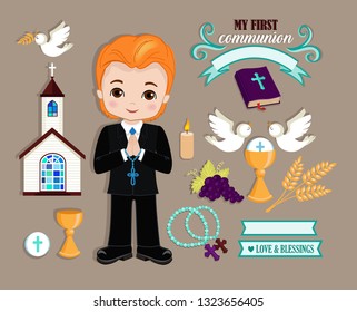 Set of design elements for First Communion for boys.