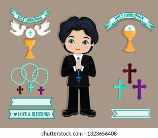 Set of design elements for First Communion for boys.