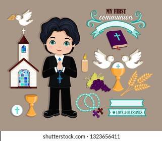 Set of design elements for First Communion for boys.