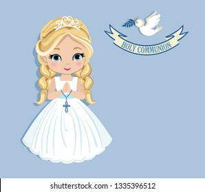 Set of design elements for First Communion for girls. Vector illustration for religious holidays.