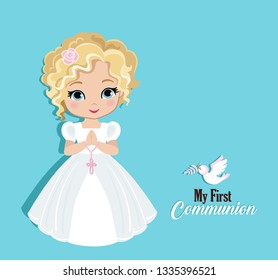 Set of design elements for First Communion for girls. Vector illustration for religious holidays.