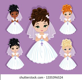 Set of design elements for First Communion for girls. Vector illustration for religious holidays.