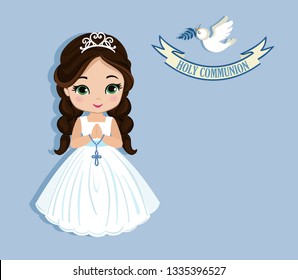 Set of design elements for First Communion for girls. Vector illustration for religious holidays.