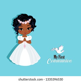 Set of design elements for First Communion for girls. Vector illustration for religious holidays.