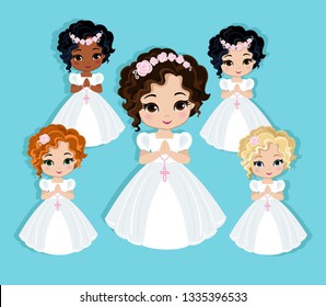 Set of design elements for First Communion for girls. Vector illustration for religious holidays.