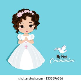 Set of design elements for First Communion for girls. Vector illustration for religious holidays.