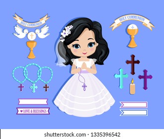 Set of design elements for First Communion for girls. Vector illustration for religious holidays.