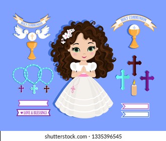 Set of design elements for First Communion for girls. Vector illustration for religious holidays.