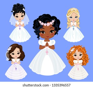 Set of design elements for First Communion for girls. Vector illustration for religious holidays.