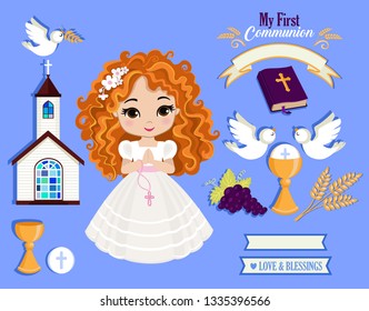 Set of design elements for First Communion for girls. Vector illustration for religious holidays.