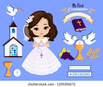 Set of design elements for First Communion for girls. Vector illustration for religious holidays.