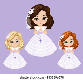 Set of design elements for First Communion for girls. Vector illustration for religious holidays.