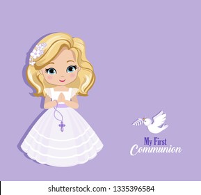 Set of design elements for First Communion for girls. Vector illustration for religious holidays.