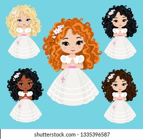 Set of design elements for First Communion for girls. Vector illustration for religious holidays.