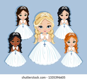 Set of design elements for First Communion for girls. Vector illustration for religious holidays.