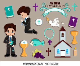 Set of design elements for First Communion for boys.