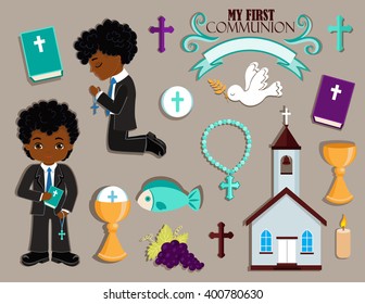 Set of design elements for First Communion for boys.