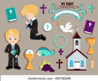 Set of design elements for First Communion for boys.