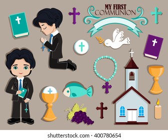 Set of design elements for First Communion for boys.