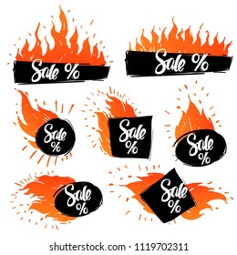 Set of design elements with flame. Vector fire labels