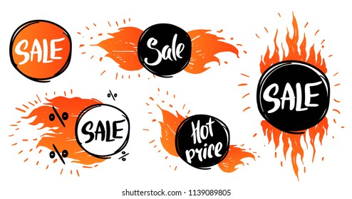 Set of design elements with flame. Vector fire labels