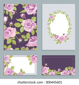 Set of design elements. Floral backgrounds with pink roses. Greeting card or wedding invitation.Vector illustration.