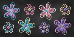 Set Of Design Elements Flowers Of Different Colors Isolated On Chalkboard Backdrop. Realistic Chalk Drawn Sketch. Kit Of Textural Crayon Drawings Of Spring Botanical Symbols On Blackboard.