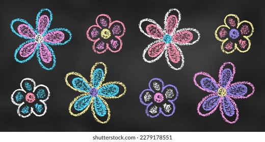 Set of Design Elements Flowers of Different Colors Isolated on Chalkboard Backdrop. Realistic Chalk Drawn Sketch. Kit of Textural Crayon Drawings of Spring Botanical Symbols on Blackboard.